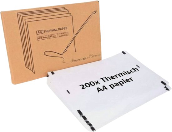 Papieren doos met A4 thermisch papier, 200 vellen. Naast de doos een stapel vel papier met '200x Thermisch A4 papier'.