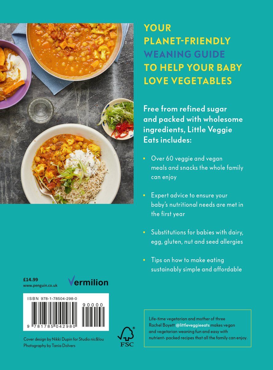 Boekomslag met titel 'Your Planet-Friendly Weaning Guide To Help Your Baby Love Vegetables'. Vriezen van de achterkant van een kookboek met kommetjes vol eten.