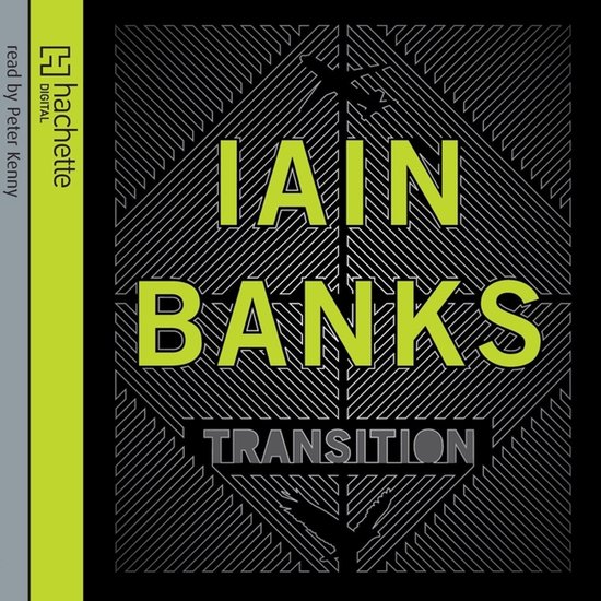 Boekomslag met de titel "Transition" van Iain Banks, met neongele tekst op een zwart grafisch patroon.