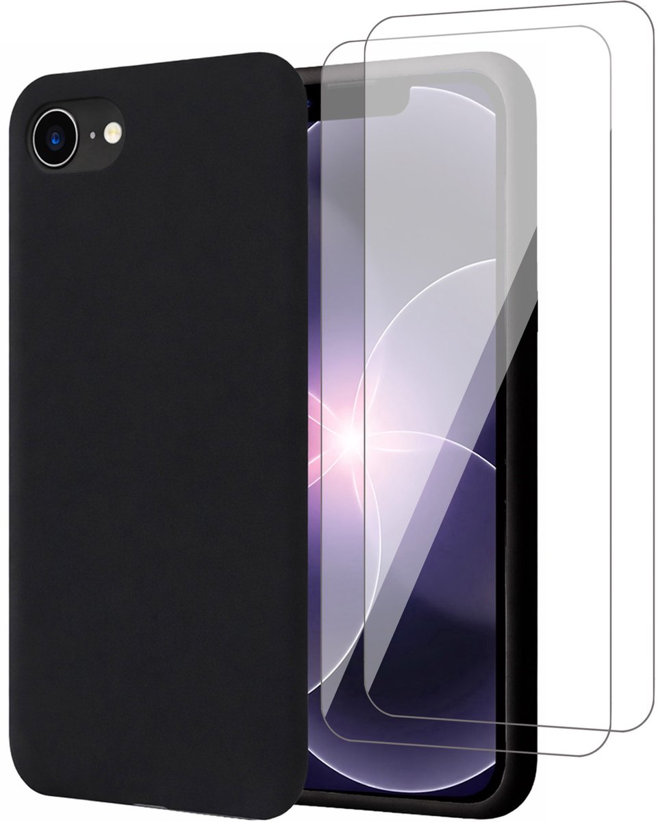Hoesje geschikt voor iPhone 17e - 2x Screenprotector Glas - Mat Back Case Zwart