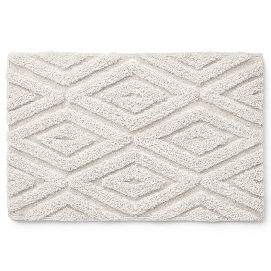 Beige badmat met een geometrisch ruitpatroon in een off-white textuur.