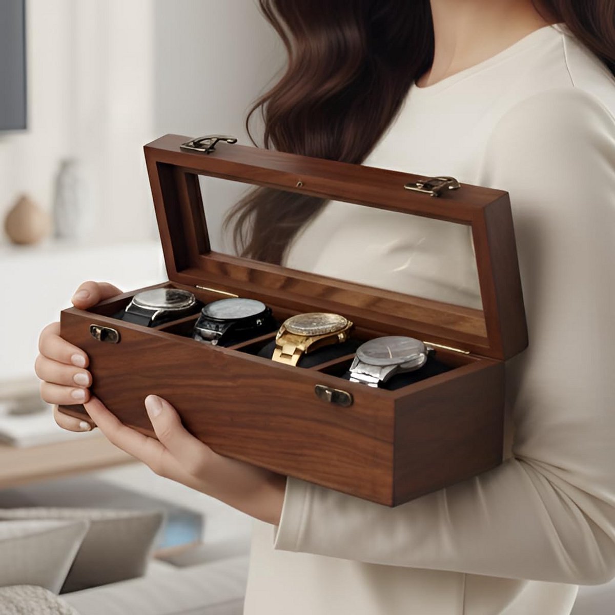 Horlogedoos Organizer - Houten Opbergkoffer - Horloges Beschermen - Transparant Deksel Glas - 7 x 11 x 42 cm - Donkerbruin