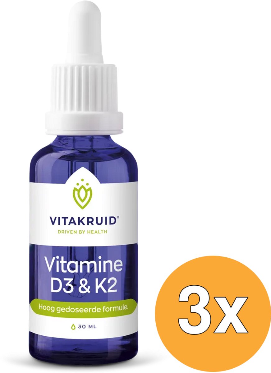3x Vitakruid Vitamine D3 & K2 (MenaQ7®) met Druppelpipet (30 ml)