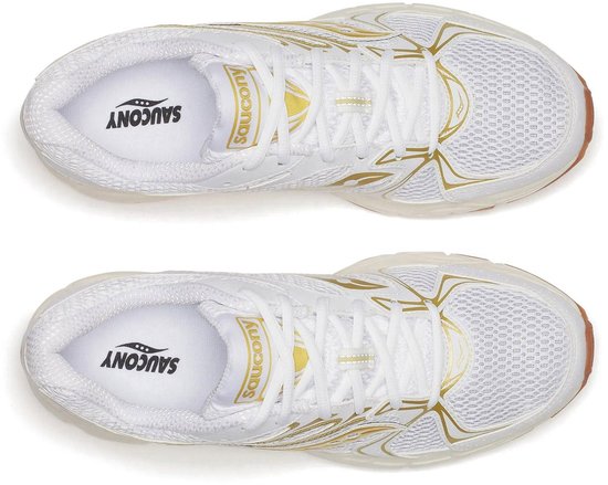 Bovenkanten van witte Saucony sneakers met gouden lijnen