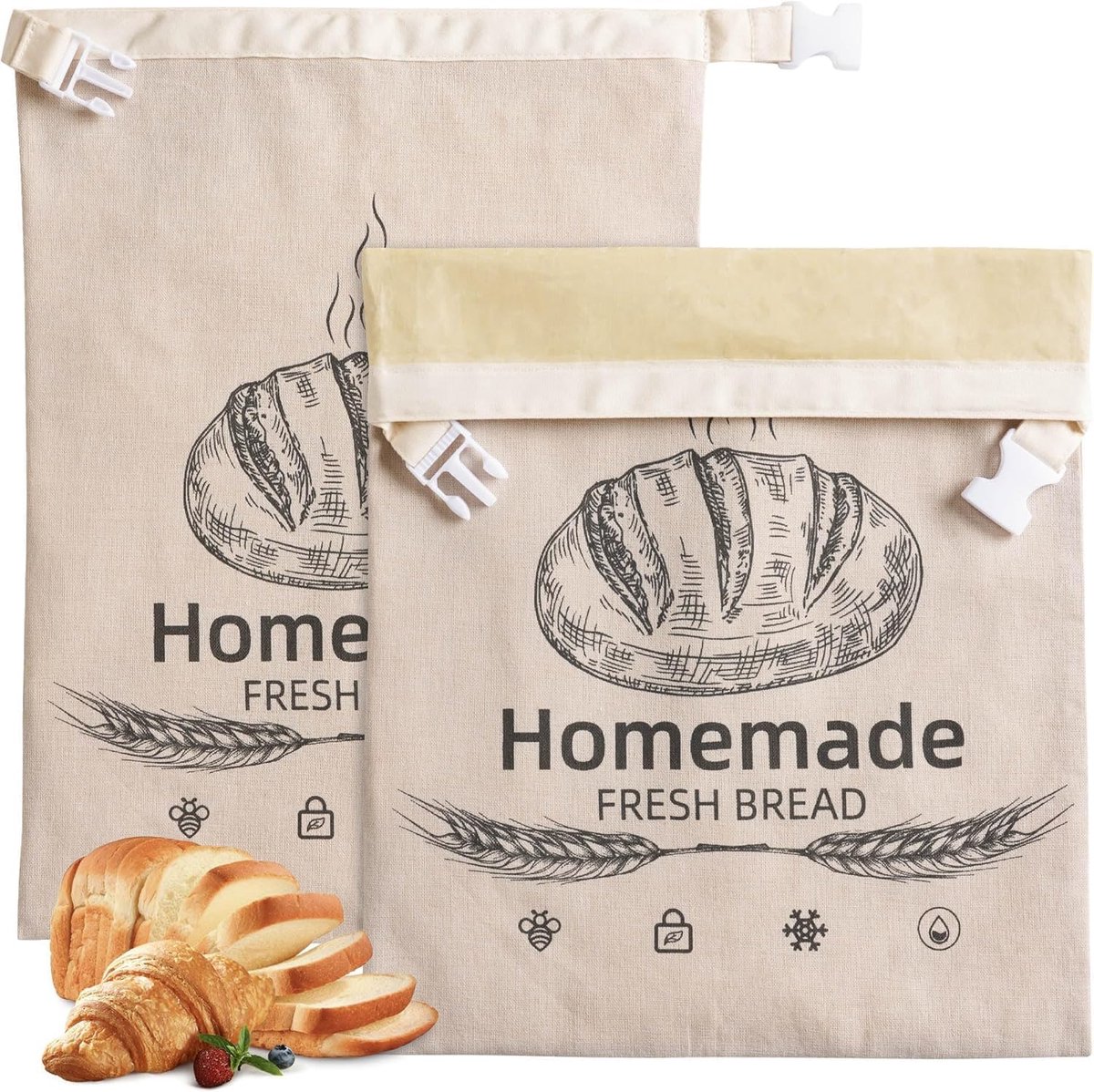 2-Pack Bijenwas Broodzakken - 43x33cm - natuurlijke bijenwas - Herbruikbare Katoenen Bijenwas Broodzakken - gecoate katoenen opbergzak - Voor Zelfgebakken Brood en Zuurdesembrood - Vriezerbestendig - Groot en Draagbaar - Blijft Vers - Beige