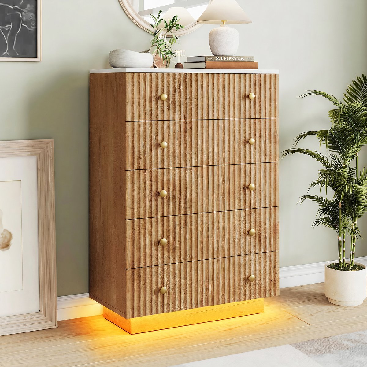 Solvenrik Ladekast 5 Lades – Eiken met Wit Blad – LED Verlichting – Commode met Gouden Handgrepen Eiken Kleur