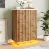 Ladekast 5 Lades – Eiken met Wit Blad – LED Verlichting – Commode met Gouden Handgrepen