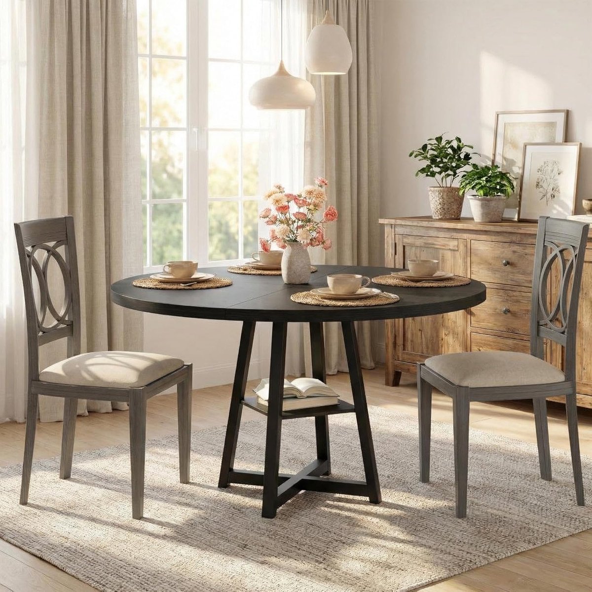 Eettafel - Ronde eettafel van 47 inch - Industriële keukentafel met voetstuk - Ruimtebesparende ronde eettafel - Met opbergplank en stevig metalen frame - Voor eetkamer, keuken, ontbijthoek, zwart - 120 × 120 × 88 cm