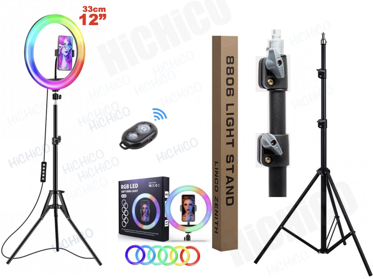 Selfie LED Ring Lamp 33Cm + Tripod Stand 210CM hoog Inclusief Bluetooth afstandsbediening en Telefoonhouder Selfie - lamp - Ringlamp - Statief - Tik tok - flitser – Make up light – Studiolamp – Ring Light van HiCHiCO®