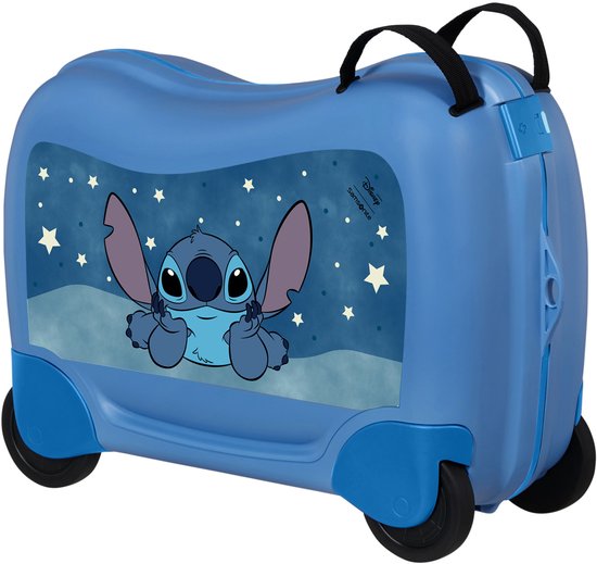 Blauwe kinder koffer met Stitch uit Lilo & Stitch op de voorkant, sterrenhemel.