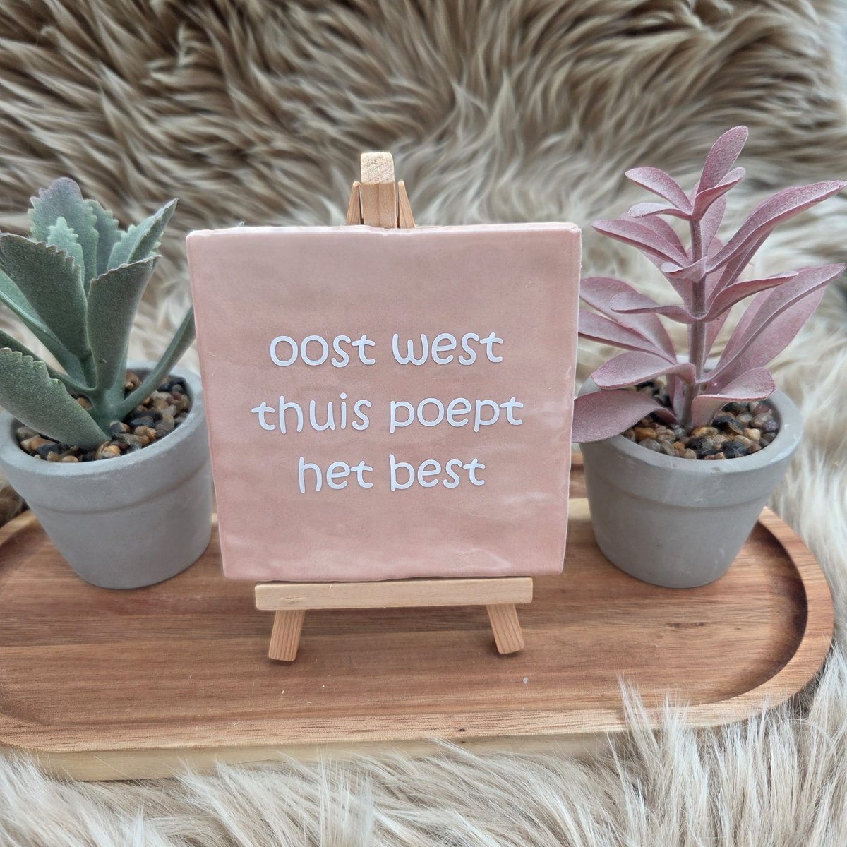 Robuust wenstegeltje “oost west thuis poept het best” – 10x10 cm – Humoristische Wanddecoratie & Cadeau – Cadeau vrienden,zomaar – Humor tegeltje - Grappige tekst – WC decoratie humor – Trendy nu – Decoratief Tegeltje met Standaard – Cadeau Idee
