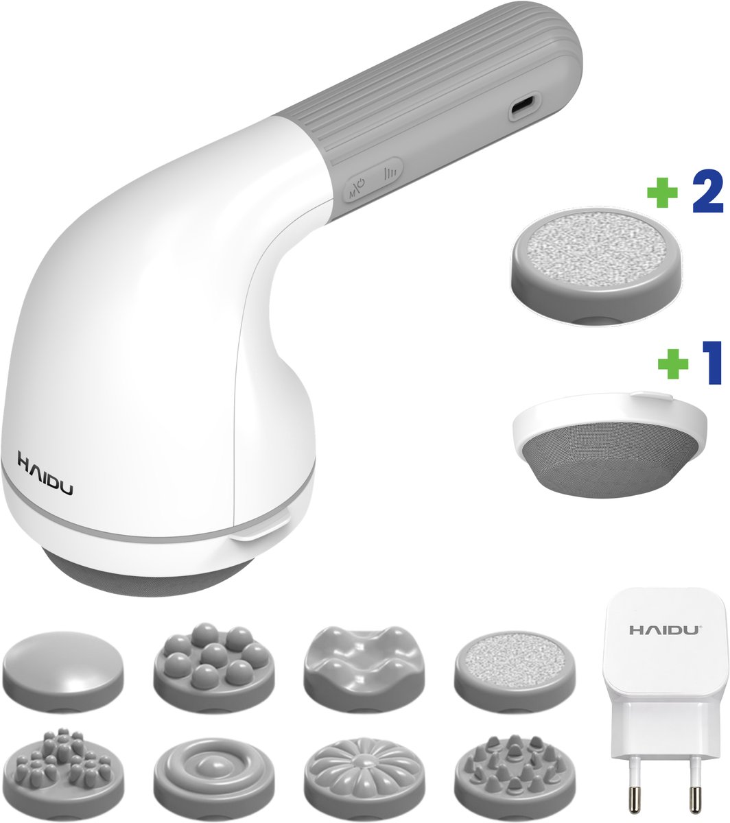 HAIDU Deep Relief Massager – Oplader + 2 Scrub Opzetstuk & 1 Gaasdeksel – Cellulite Massage Apparaat – Lymfedrainageapparaat – Geschikt voor Hoofd, Rug, Schouders, Armen, Buik, Benen en Voeten – Draadloos en Oplaadbaar - Anti Cellulitis Apparaat