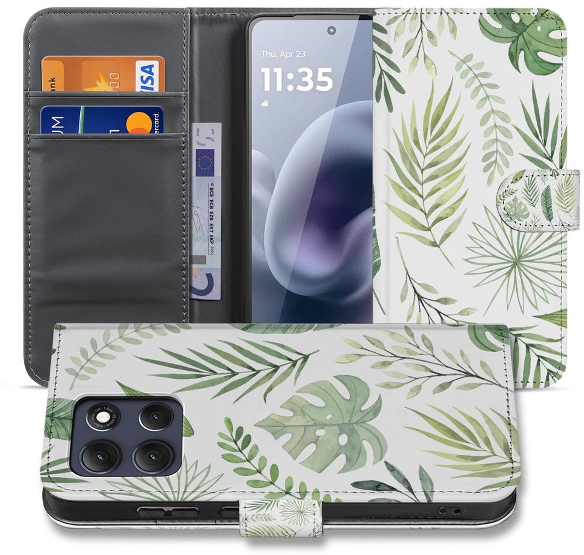 Motorola Moto G86 Book Case Bladeren Lichtgroen Wit