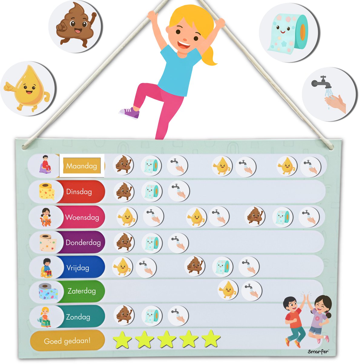 Smarfer - Zindelijkheidstraining voor potje - Zindelijkheid - Op het potje - Beloningssysteem - Planbord - Weekplanner met Magnetische pictogrammen