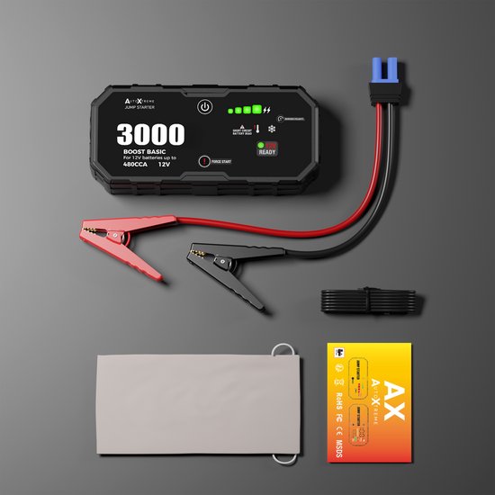 Zwarte jumpstarter 'AutoXtreme 3000' met rode en zwarte klemmen, kabel en opbergzak op grijze achtergrond.