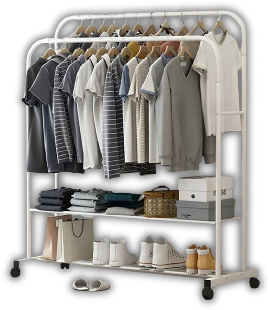 Archi kledingstandaard – Kledingrek op wieltjes - Garderobestang - Kledingstang – 80,5 x 51 x 159 cm – 50 kg draagkracht - Wit