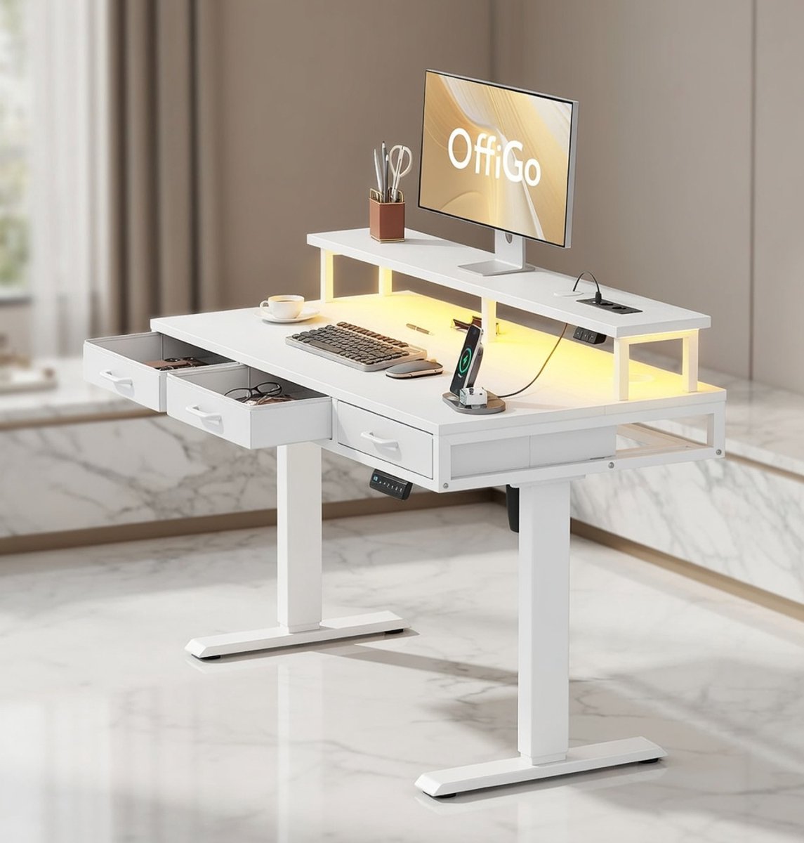 Ergonomisch Elektrisch Verstelbaar Bureau met Laden en Monitorstandaard – In Hoogte Verstelbaar Staand Bureau met Stopcontacten, USB Poorten en LED Licht – Modern Wit – House&Garden