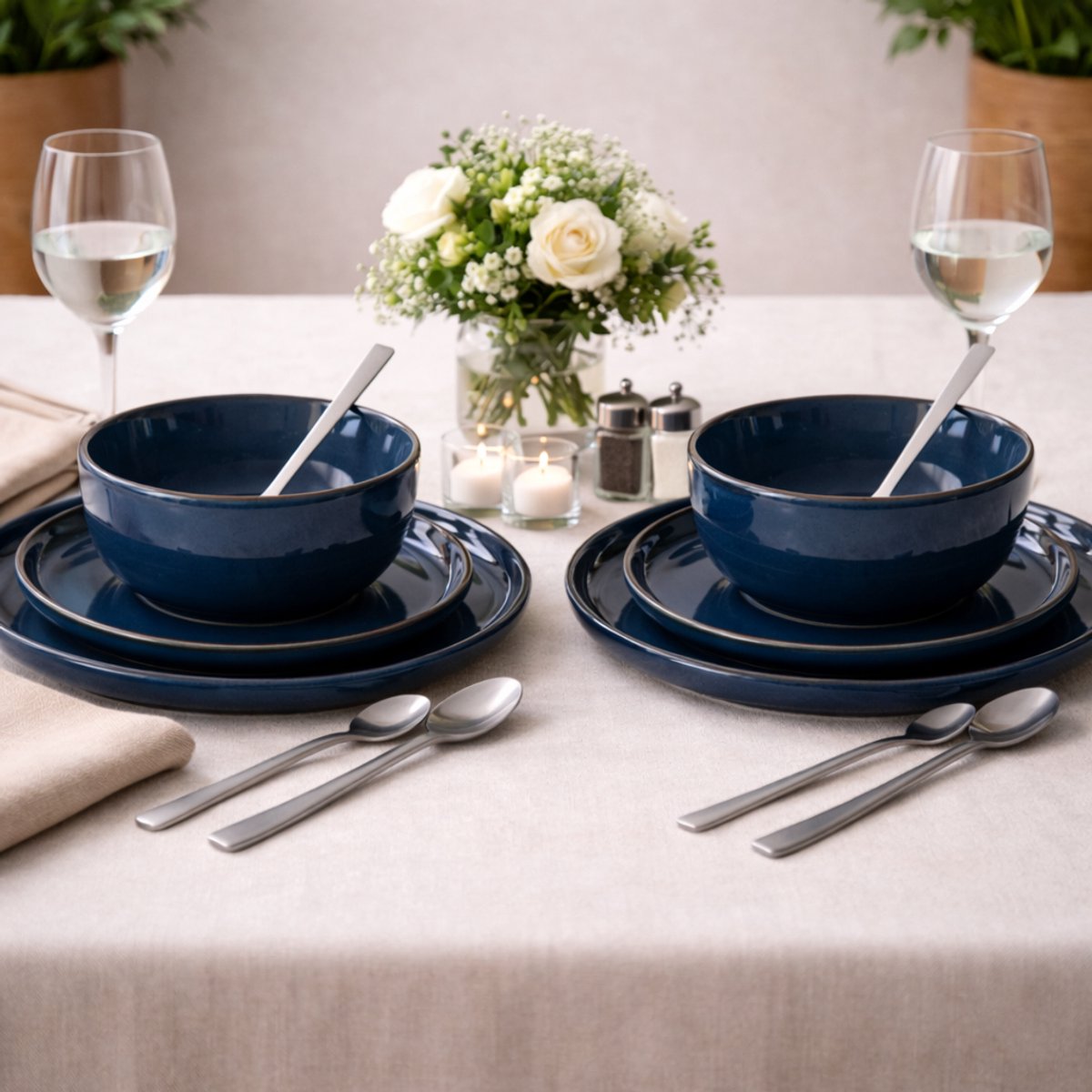 ByViento 12-delige Keramische Serviesset – Blauw/Zwart – 4 Dinerborden, 4 Dessertborden & 4 Kommen