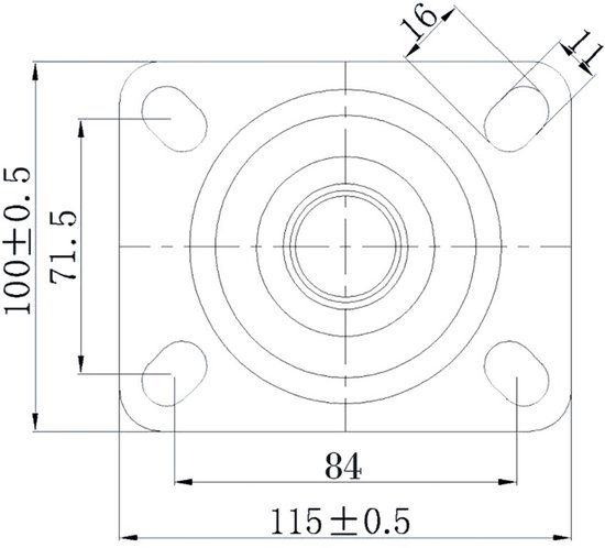 Technische tekening van een zwenkwiel met afmetingen: 100x115mm plaat, 11mm dikte, 16mm hoogte.