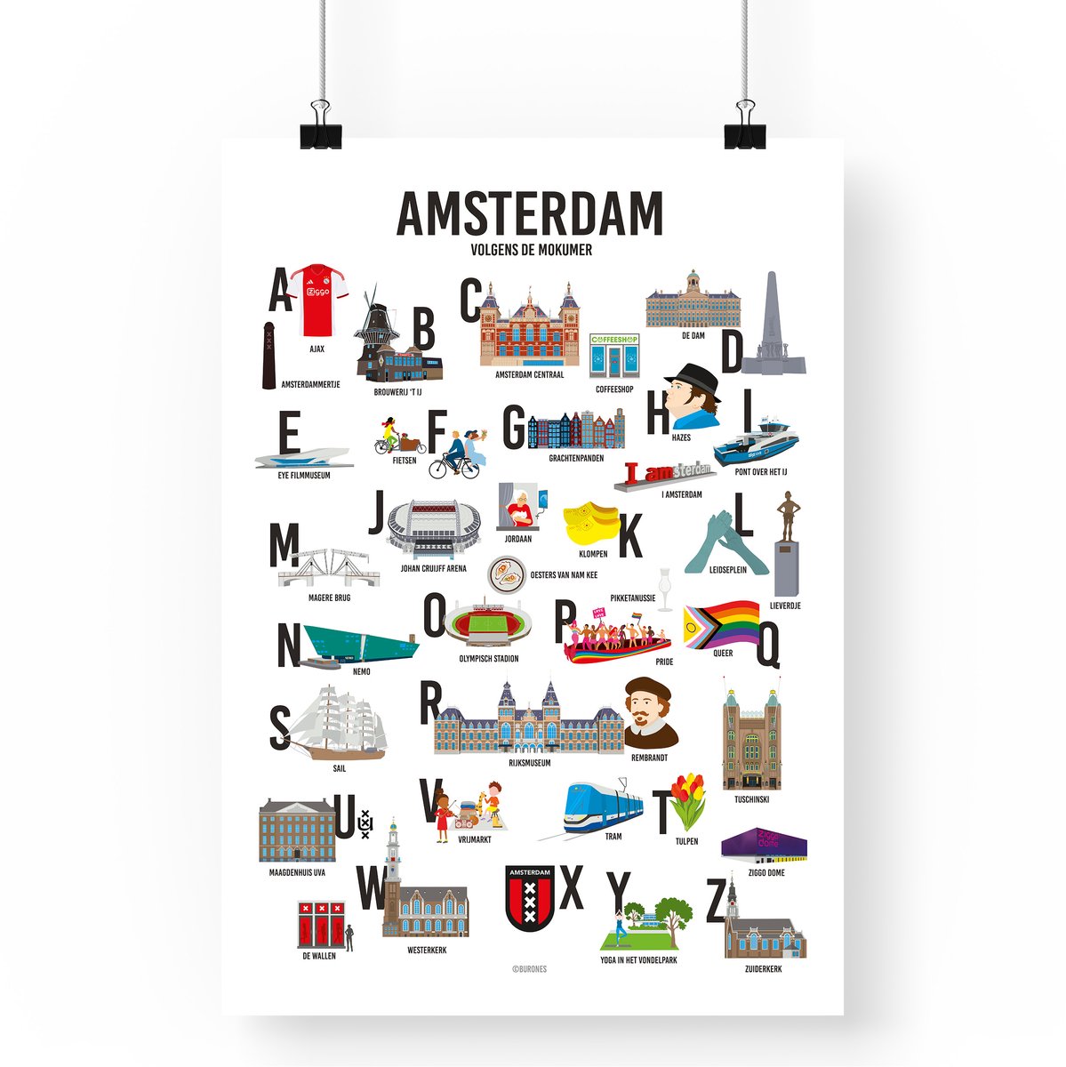 Artprint Amsterdam - A3 formaat - Kleurrijke Illustratie met Amsterdamse Gebouwen en Iconen – Mokum Alfabet Stedenposter