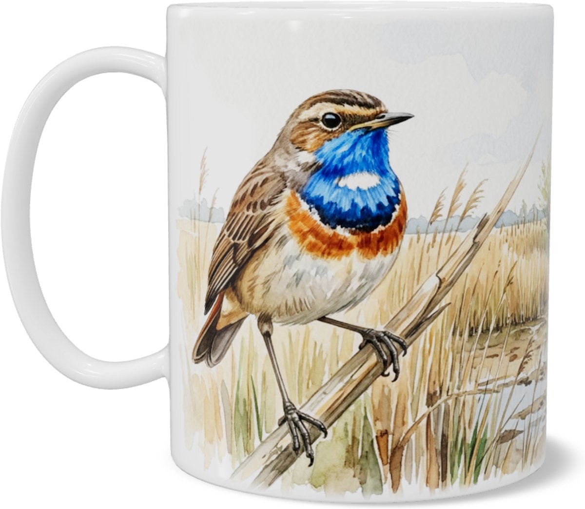 Mok "Aquarel Series" Blauwborst in Rietlandschap met Hollandse Molen & Knotwilgen - Natuur Koffiemok & Theemok met Vogel Print voor Thuis & Kantoor - Bijzonder Cadeau voor haar: Vrouw, Vriendin of Collega - Waterverf Design