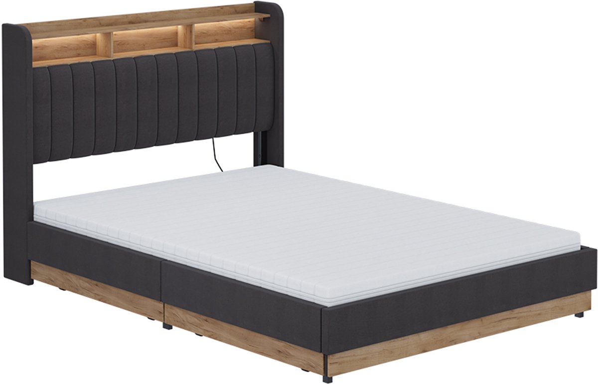 vitalispa Nura Gestoffeerd bed – 140x200 cm met 4 laden Antraciet/eiken