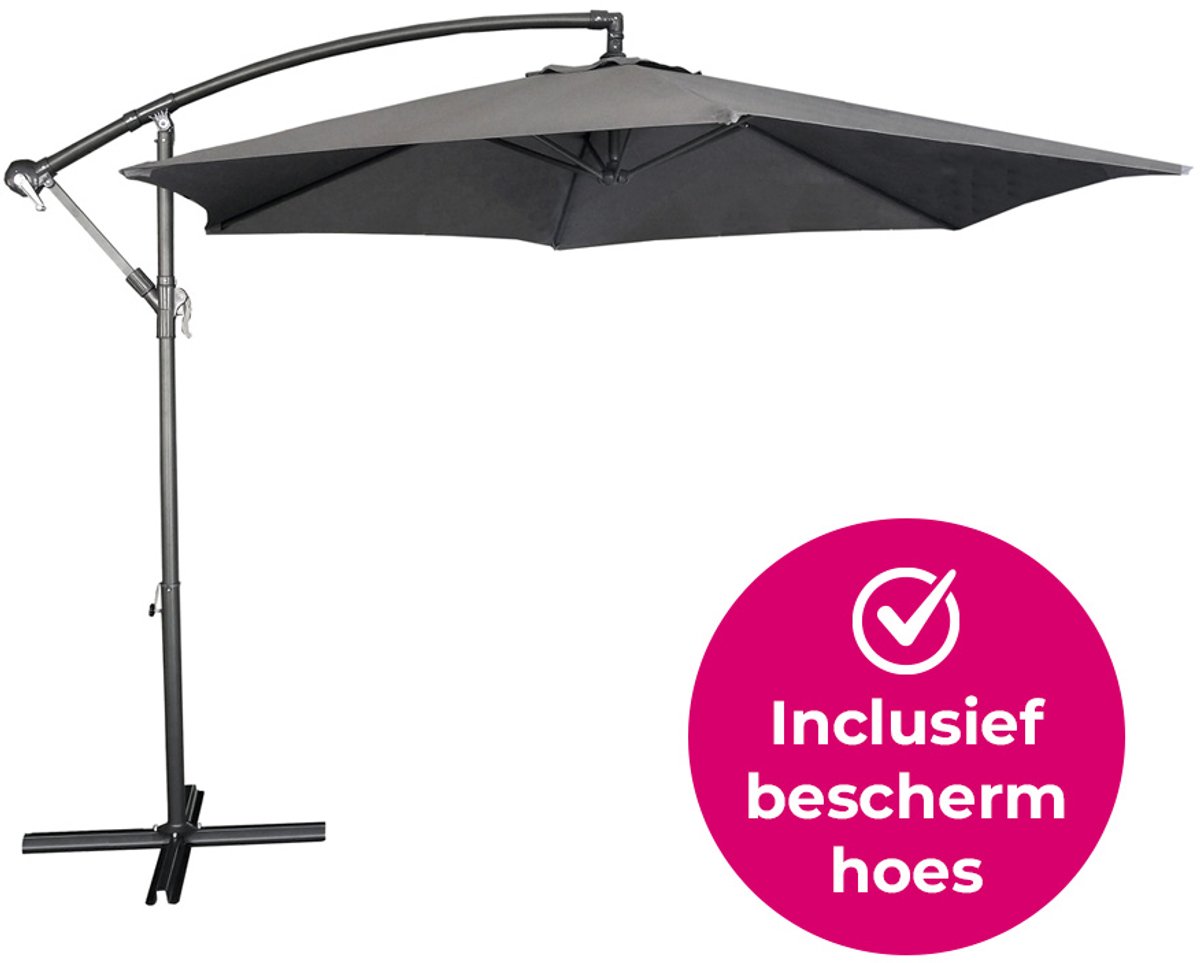 Bol.com BluMill Zweefparasol Met Voet en Beschermhoes - Ø 300 cm - Waterdicht - Kantelbaar - Verstelbare Hoogte - Grijs aanbieding