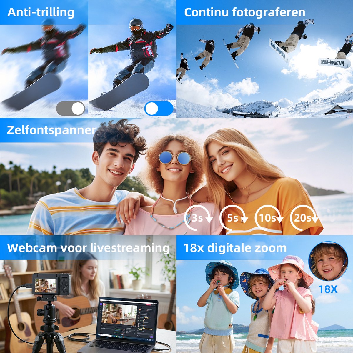 Ericbee 4K 64MP Digitale Camera Met Beauty Licht En 180 Graden Flip Scherm - Compacte Vlogging Camera Met Autofocus 18X Digitale Zoom En 20 Filters - Fotocamera Met 3 Inch Display Webcam Functie En 32GB Kaart Voor Foto En Video thumbnail 3