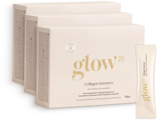 Doos met drie pakken Glow25 Collageen Intensief, met elk 30 sticks. Een stick met Glow25 logo.