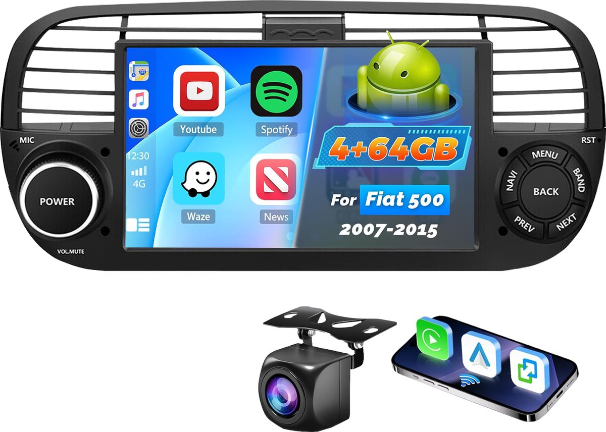 ESSGOO Autoradio Geschikt voor Fiat 500 2007-2015 - Android 15 - Apple Carplay & Android Auto (Draadloos) - 4+64GB - 7 Inch HD IPS Touchscreen - GPS, WIFi, Bluetooth, USB, MP5 - Zwart - AHD Achteruitrijcamera