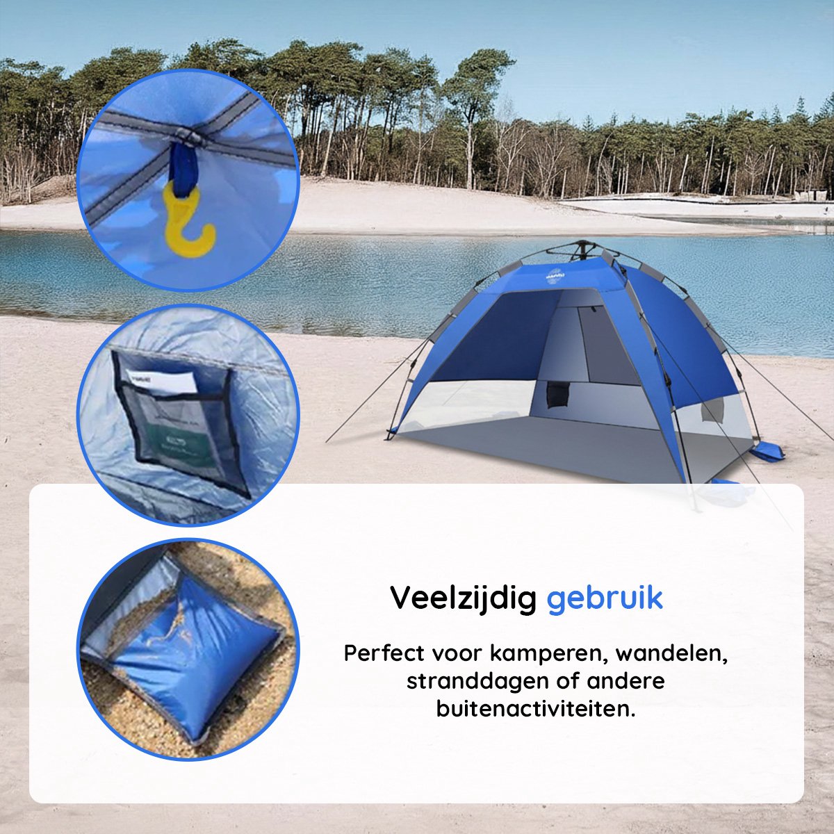 Eastwall Standtent - Pop-up Campingtent - 215 x 215 cm - UV bescherming - 3-4 personen - Tent - Blauw – foto 5