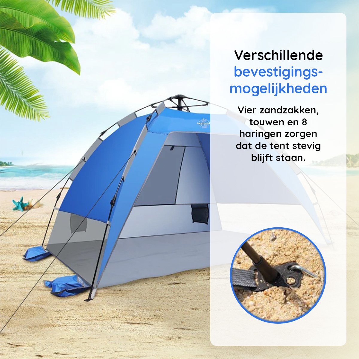 Eastwall Standtent - Pop-up Campingtent - 215 x 215 cm - UV bescherming - 3-4 personen - Tent - Blauw – foto 2