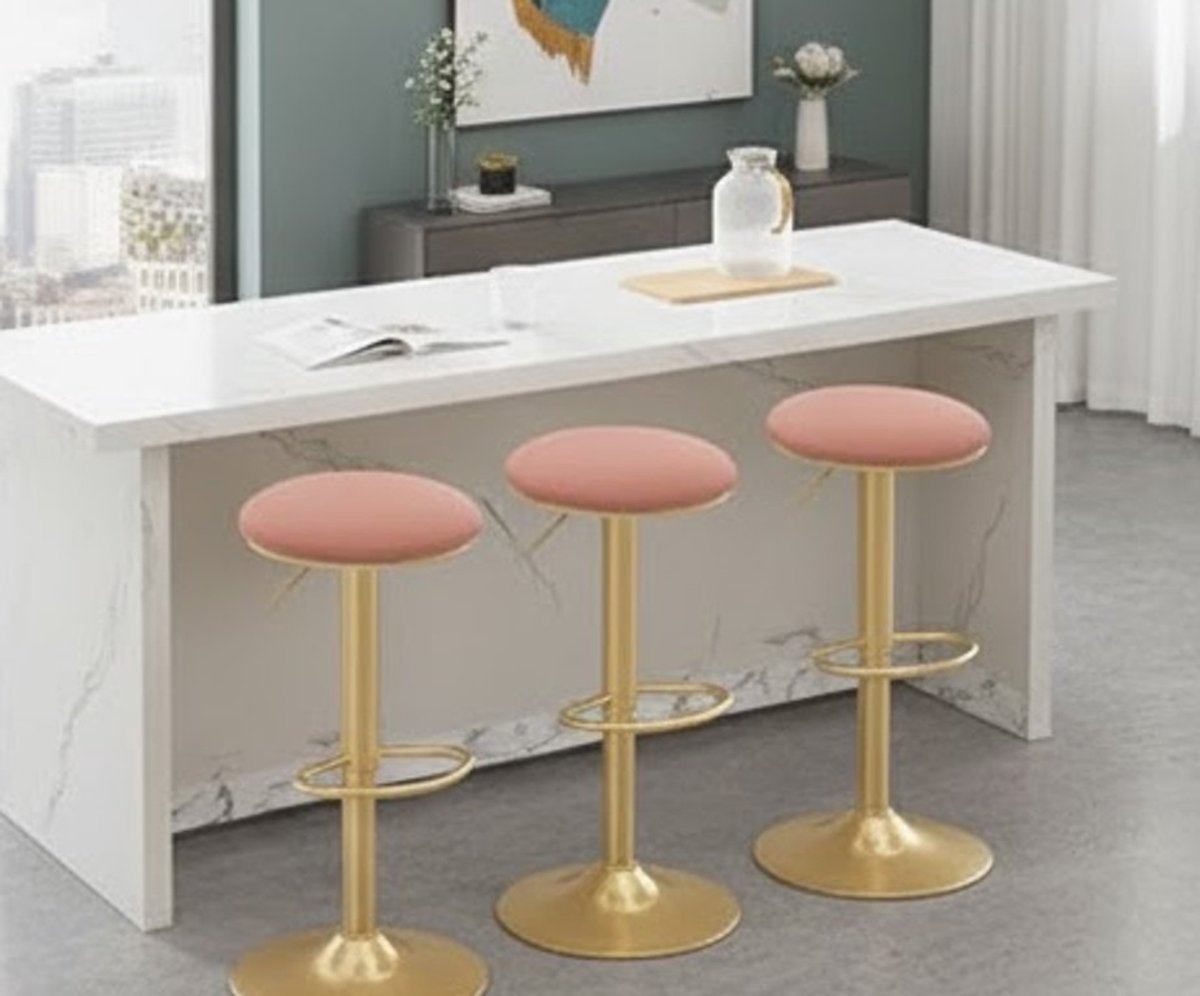 Set van 4 Verstelbare Barkrukken – Luxe Draaibare Roze Barstoelen met Voetensteun en Ergonomische L-vormige Zitting – Moderne Polyurethaan Barstoelen voor Keuken, Eiland, Cafetaria of Home Bar – Ca...