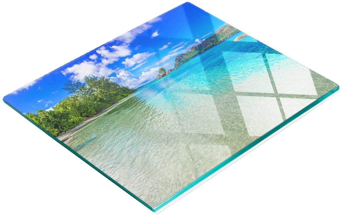 Decoratieve glazen snij- en serveerplank met strandmotief van de Seychellen, 60x52 cm
