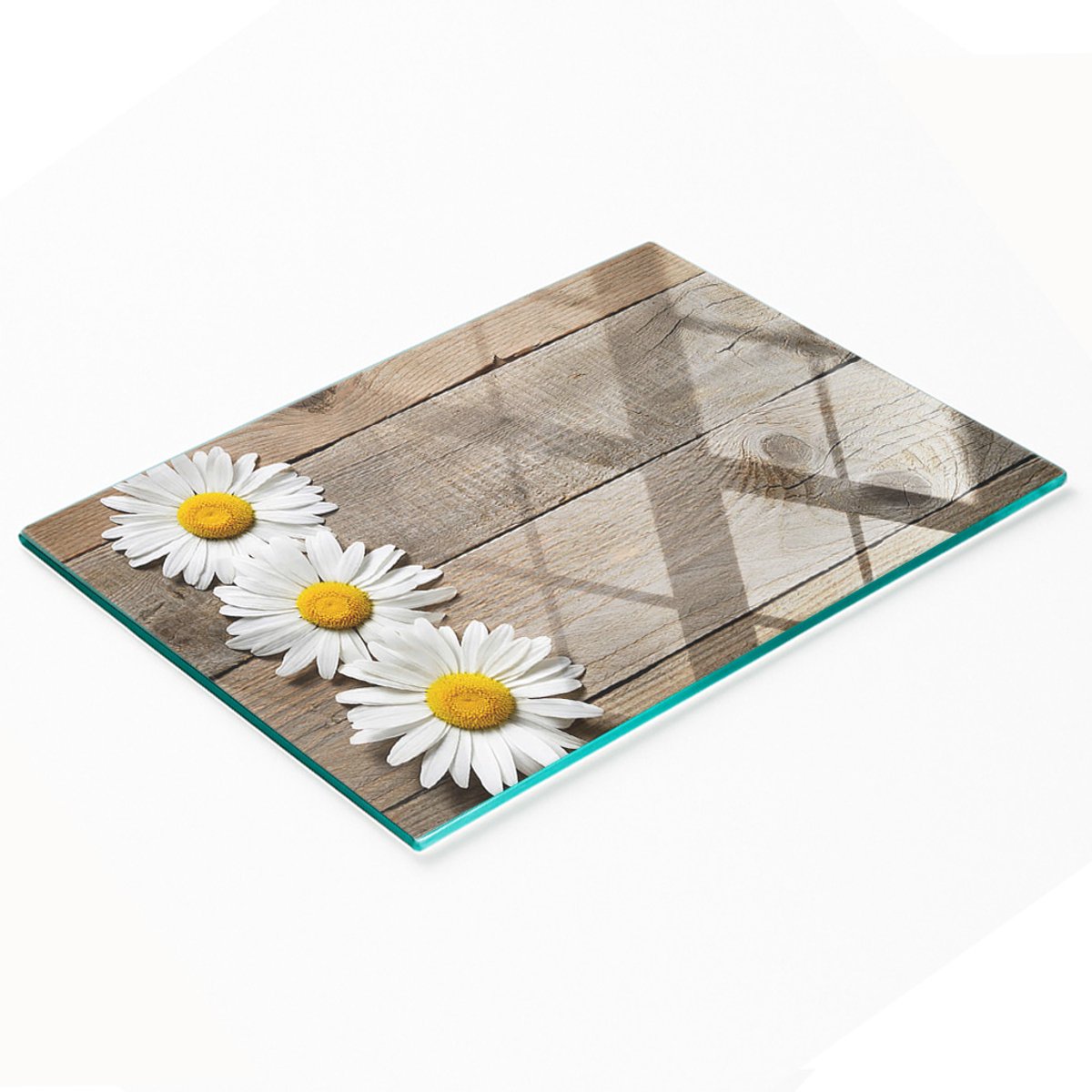 Glazen serveerplank met afbeelding, madeliefjeshout, 80x52 cm
