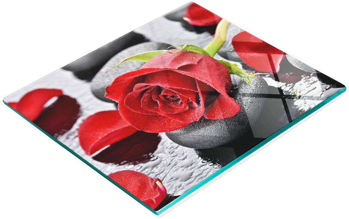 Glazen serveerplank met rode roosmotief, 60x52 cm