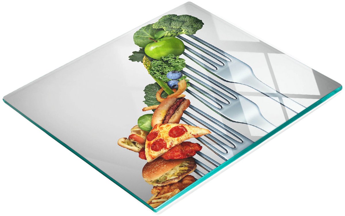 Glazen serveerplank met afbeeldingen van gezonde voeding, 60x52 cm
