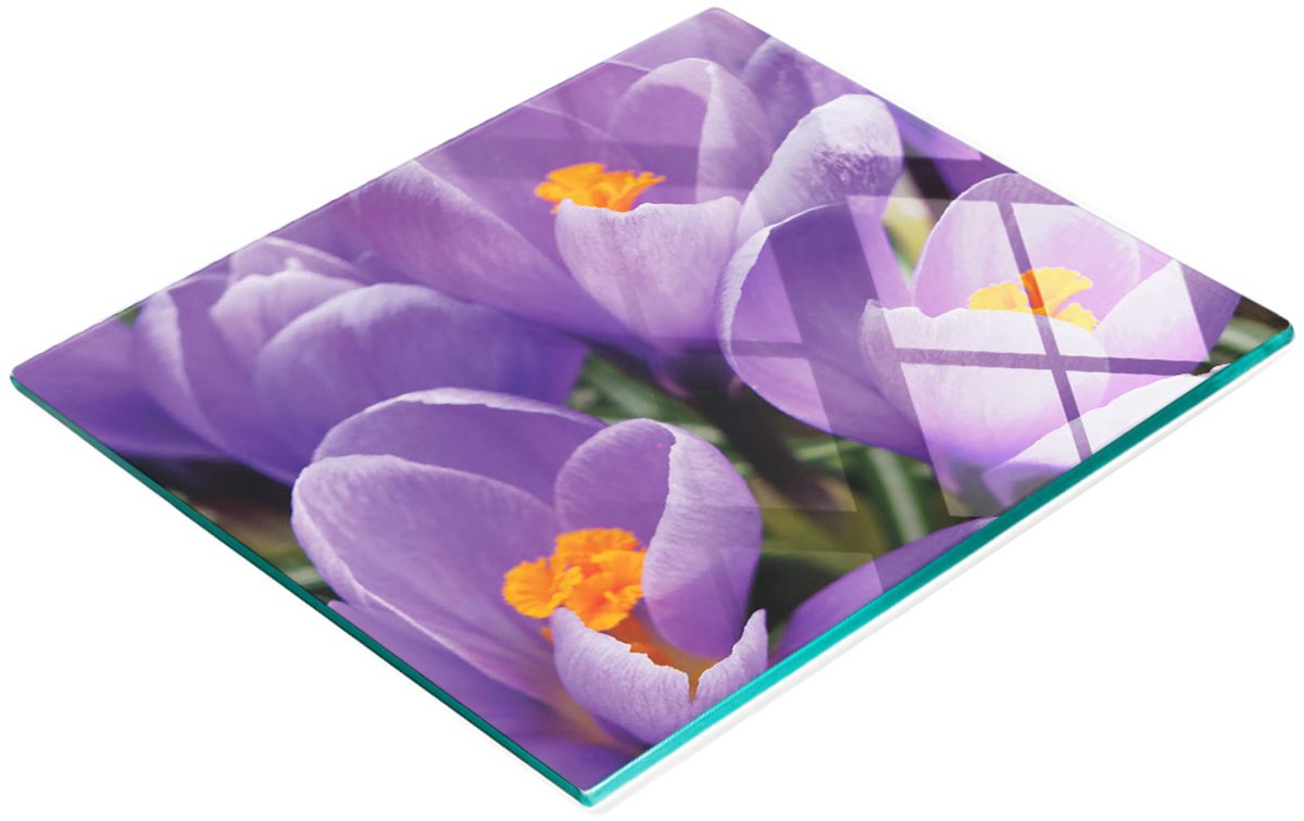 Decoratieve glazen snijplank met paarse krokussen, 60x52 cm