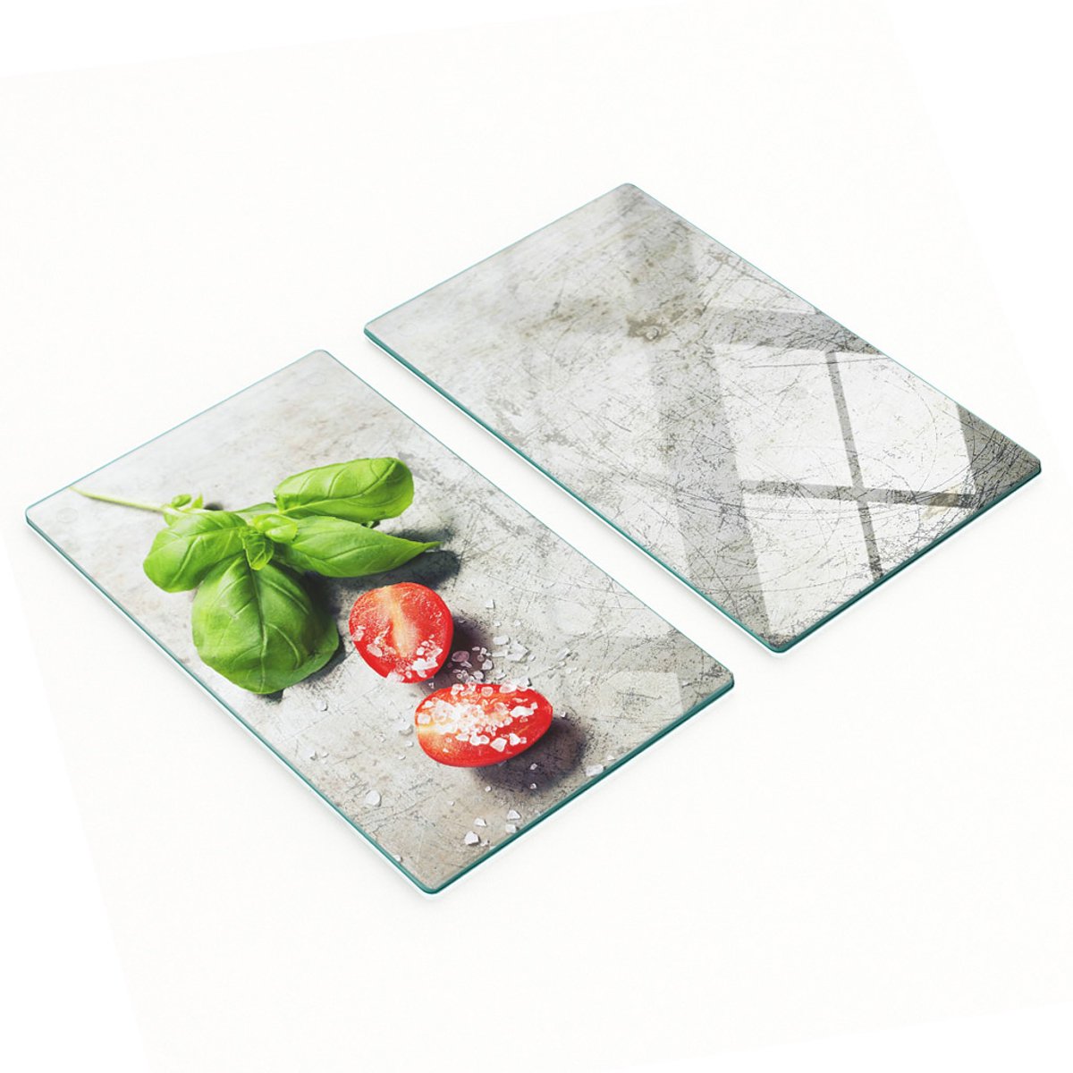 Glazen snijplanken met afbeeldingen van tomaten en basilicum, 2x30x52 cm