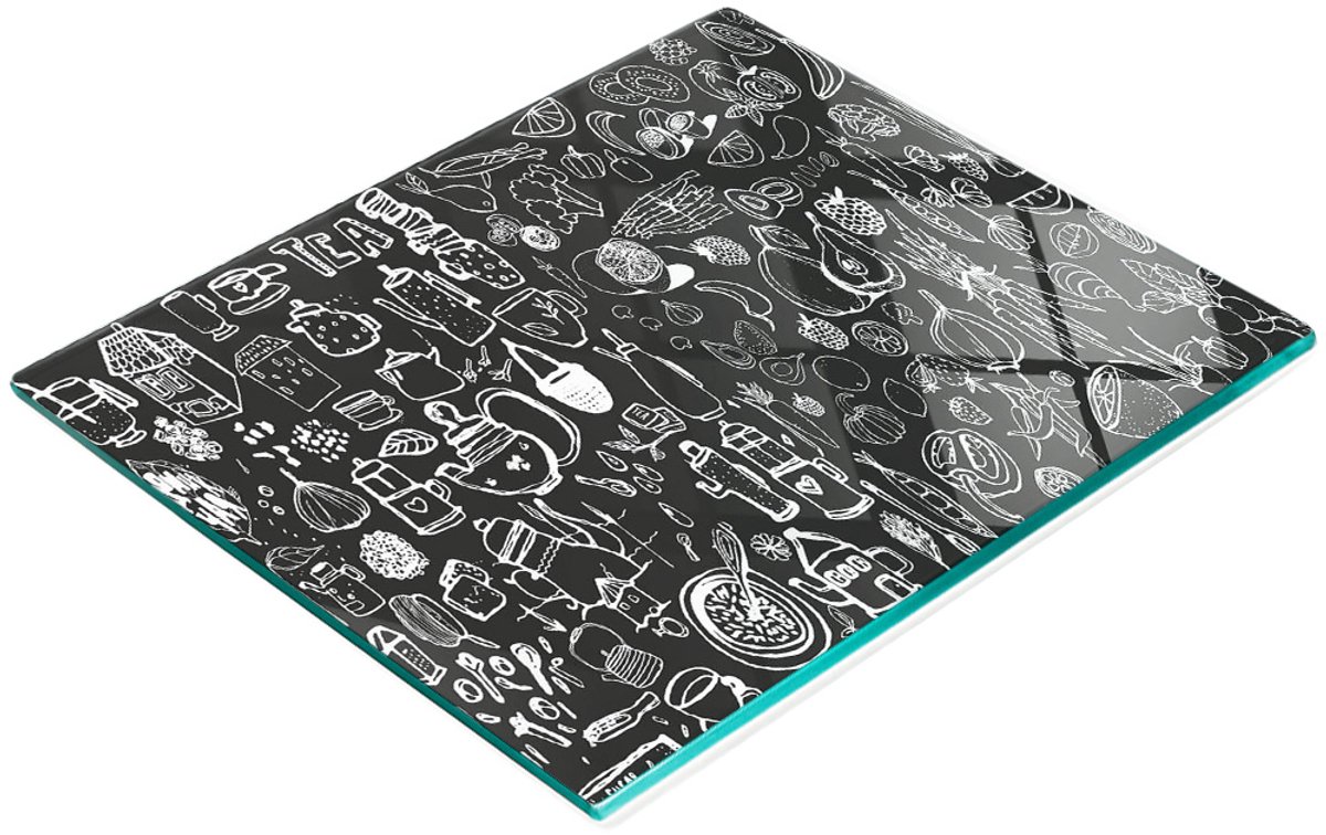Serveerplank van gehard glas met afbeeldingen van eten, 60x52 cm
