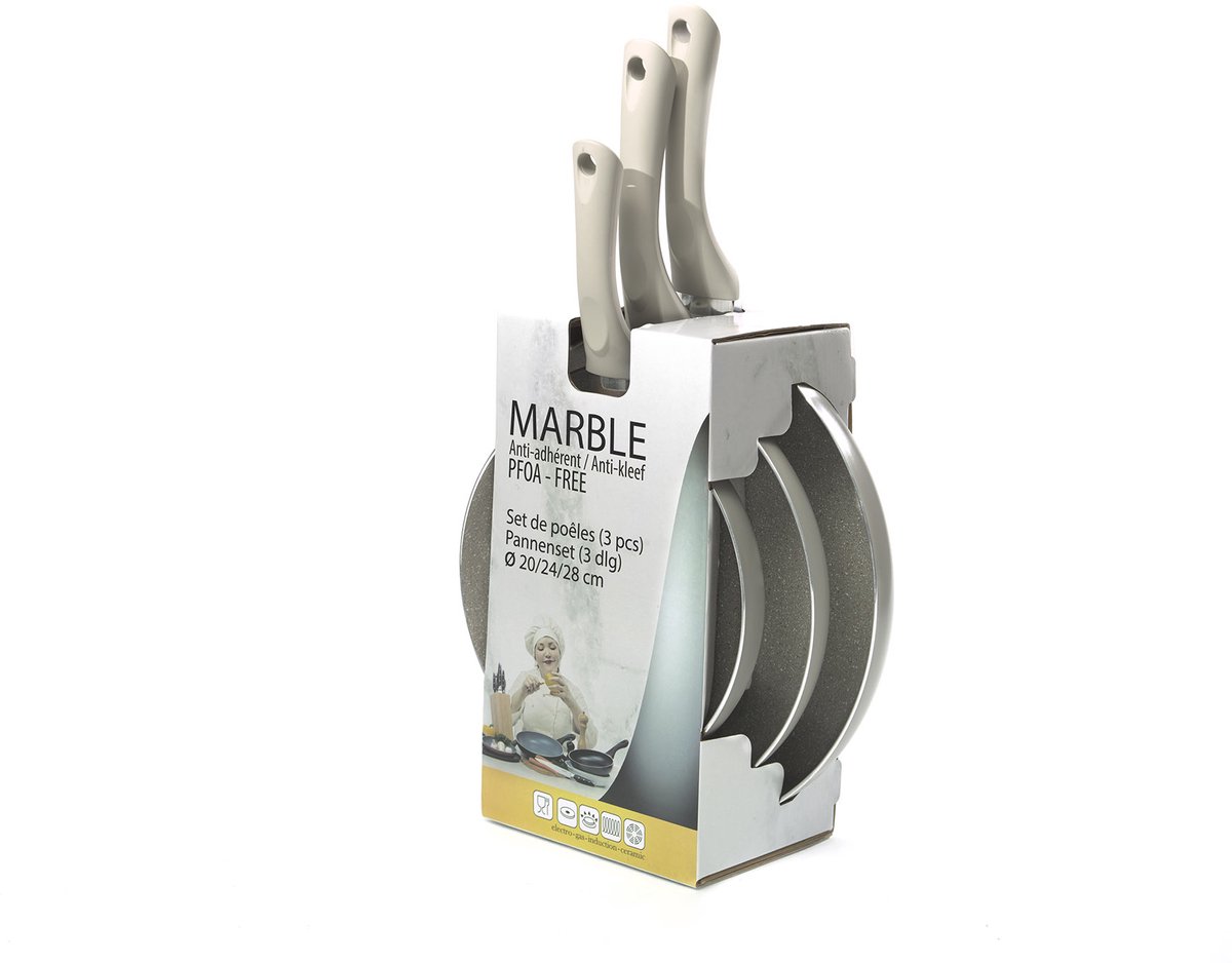 Haute Cuisine Marble Pannenset 3-delig – Ø20/24/28 cm – Antikleef Marmer – Gestampt Aluminium – Inductie – PFOA-vrij