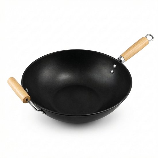 Wokpan – (32 cm) – Zwart staal met houten handvat – geschikt voor gas, inductie en elektrisch – PFAS vrij – Roerbakpan