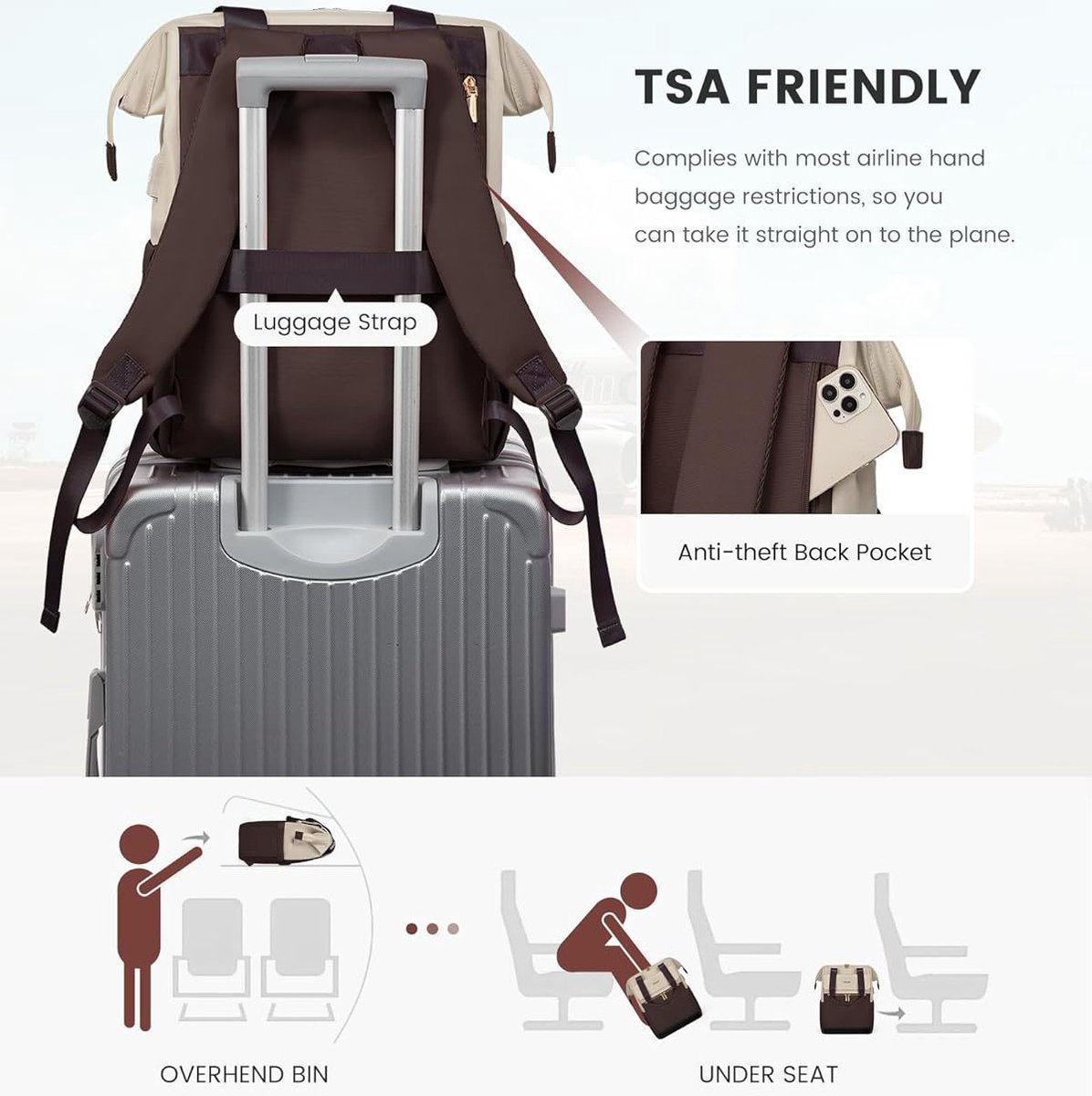 Groot Rugzak Dames - Laptop Rugzak - Met Laptopvak 15 Inch -Reisrugzak Dames - Reisrugzak Dames Waterdichtt - Zakelijke Handbagage voor Reizen Vakantie Kantoor - Schooltas Modern - Beige en Koffie 20X30X43cm thumbnail 3