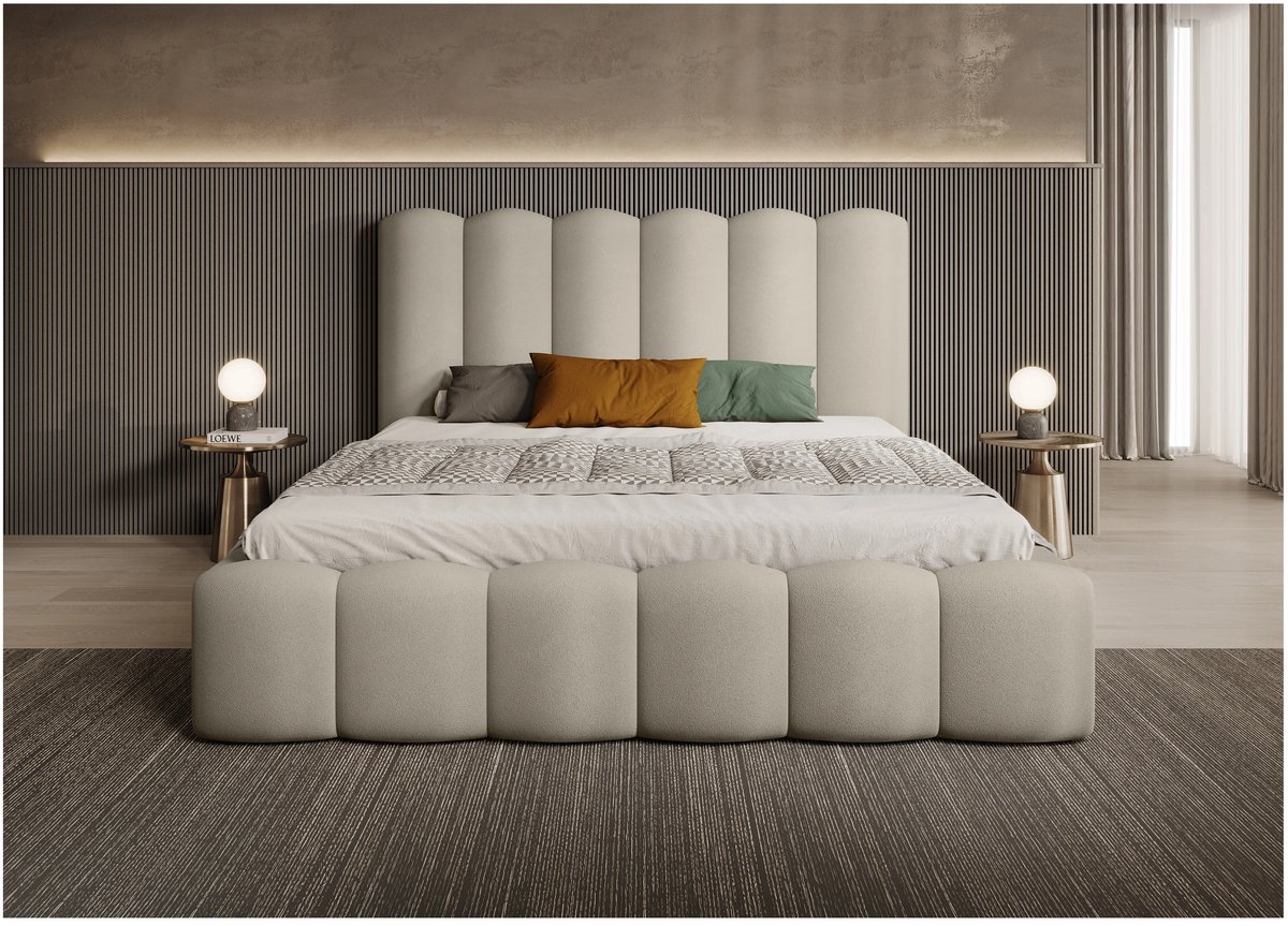 Laura Gestoffeerd Tweepersoonsbed 200x200 cm – Luxe Tessa Deluxe Bed met Opbergruimte, Houten Lattenbodem & Fluweel Magic Velvet – Modern Design Beige – Laura