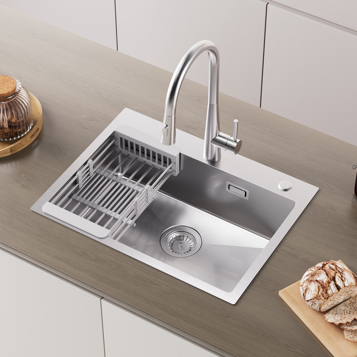 CECIPA max Spoelbak 60x45CM - Spoelbak Keuken RVS - Handgemaakte Roestvrijstalen Gootsteen - Spoelbak Met Afdruipgedeelte - Met Afdruiprek