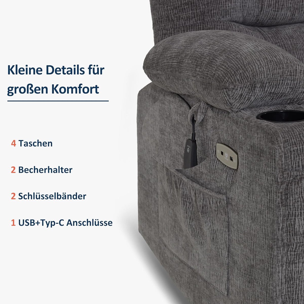 Elektrische Relaxfauteuil 88 x 83 x 110 cm – TV-Stoel met Elektrisch Verstelbare Rugleuning & Voetensteun, USB-poort, Bekerhouder en Chenille-Stof – Grijs – Laura