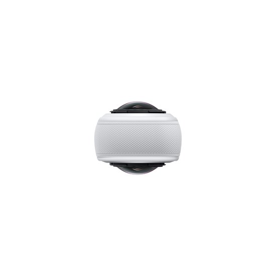Witte Insta360 X5 action camera, bovenaanzicht met dubbele lenzen.