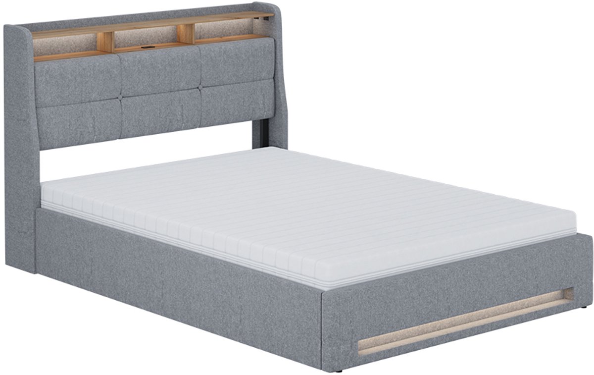 vitalispa Christin Gestoffeerd bed – met matras, LED en USB-aansluiting Grijs/eiken