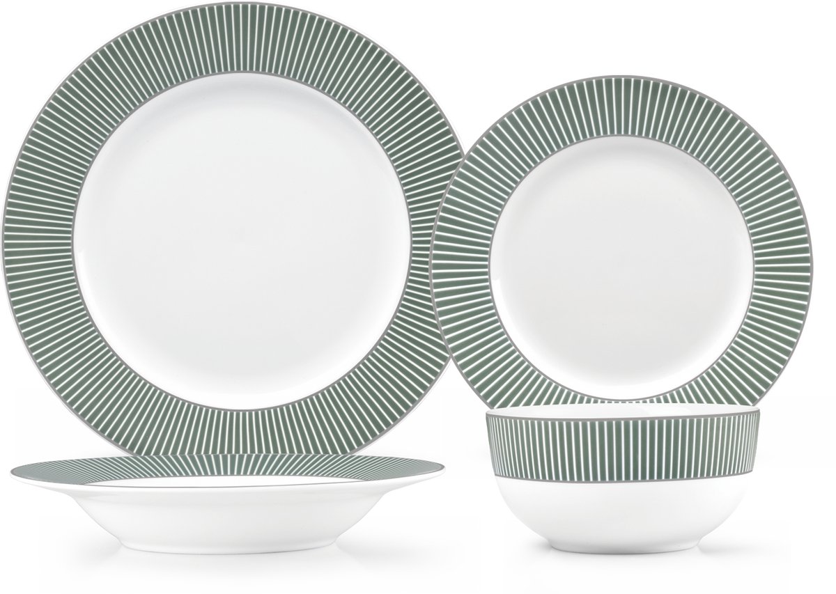 Swiss Haus® DS24G Luxe Serviesset - 24 Delig - 6 Persoons - Porselein - Bordenset – Dinner Platen – Dessertborden - Kommen - Pastabord - Wit / Groen