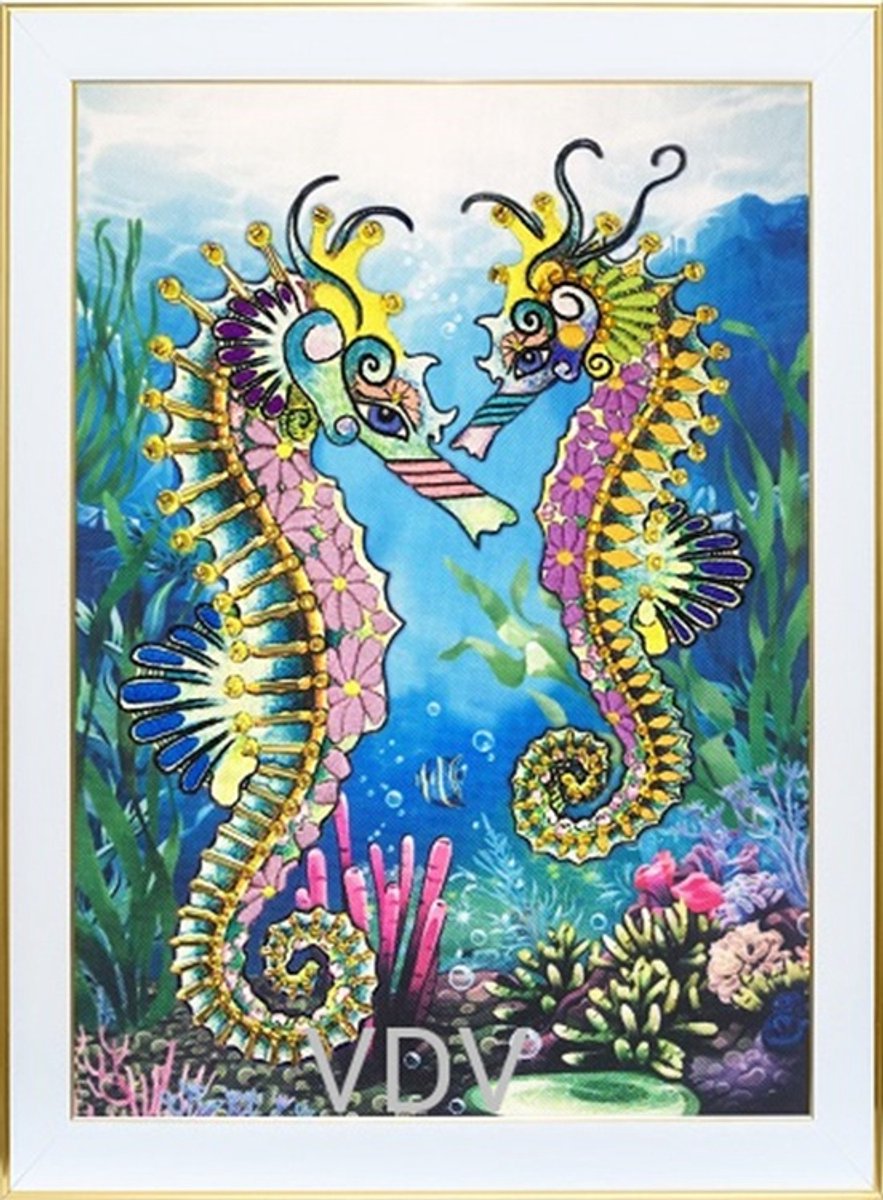 Borduurpakket - Vrij borduren VDV (gedeeltelijk kraaltjes) - Seahorses - Zeepaardjes